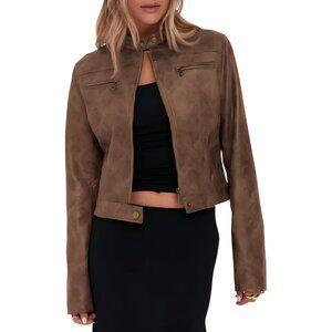 Women's Dark Brown Faux Leather Cropped jackets Casual Zip Motorcycle Jacket